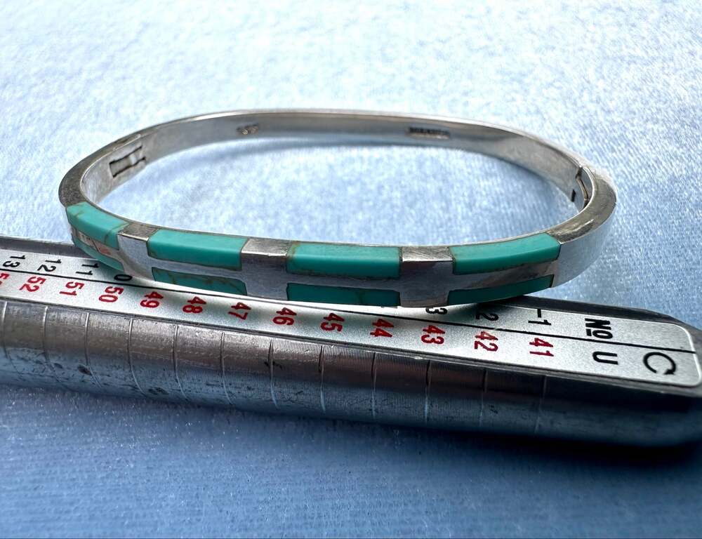 Vtg Mexico 925 Sterling Silver Turquoise Inlay Hinged Bangle Bracelet Taxco